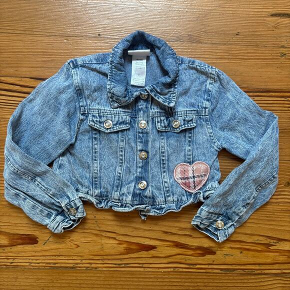 Little Lass medium wash embroidered heart cropped ruffle trim jean jacket SIZE 5 - Picture 1 of 5